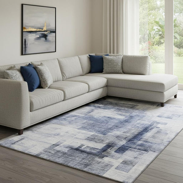HomeRoots 10' X 14' Denim Blue & Ivory Geometric Area Rug - Stain Resistant, UV Protected, Stylish & Durable! 683494