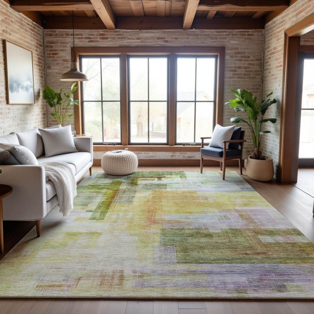 HomeRoots 5' X 8' Abstract Geometric Area Rug in Green, Ivory, Gold & Purple – Washable, UV Protected & Stylish! 683496