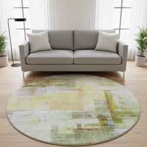 HomeRoots 8' Bold Green, Ivory, Gold & Purple Geometric Washable Round Rug with UV Protection for Homes 683497