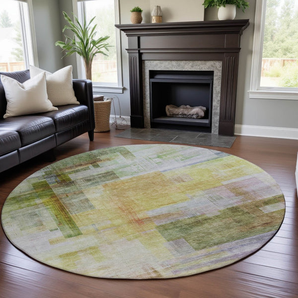 HomeRoots 8' Bold Green, Ivory, Gold & Purple Geometric Washable Round Rug with UV Protection for Homes 683497