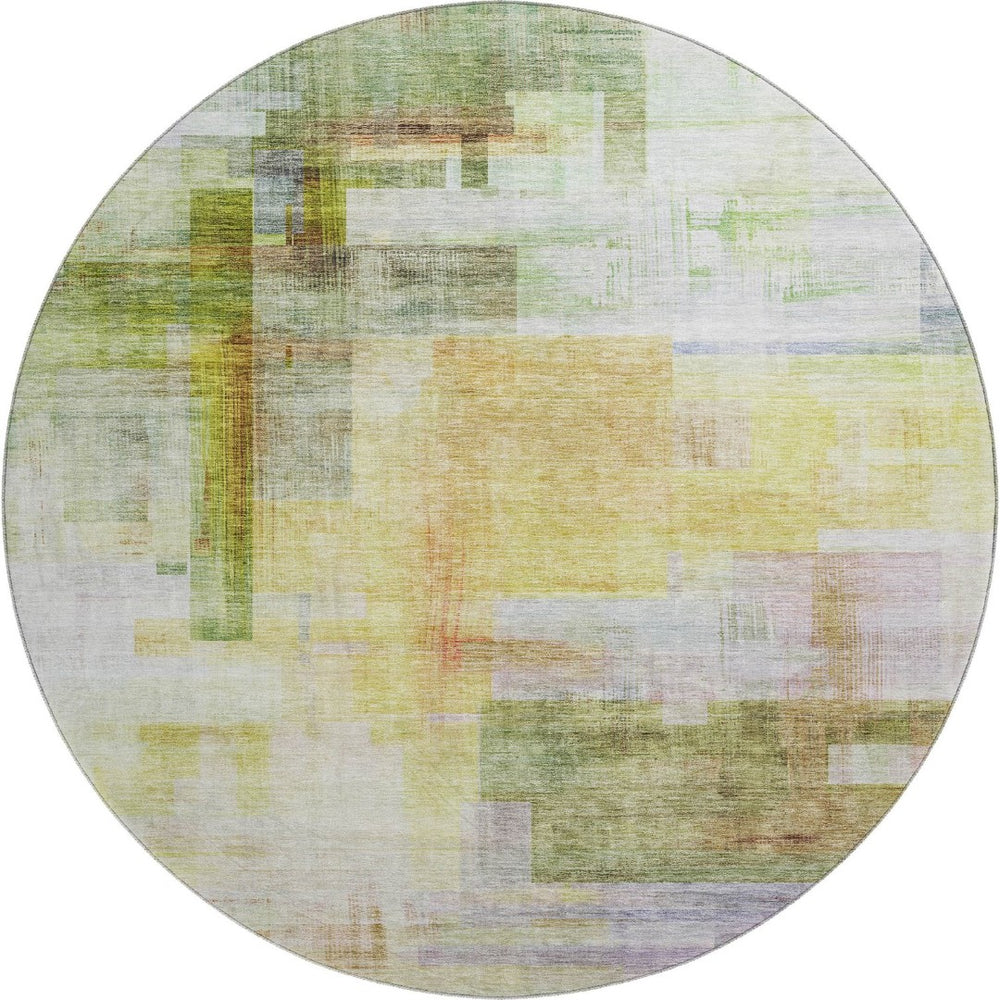HomeRoots 8' Bold Green, Ivory, Gold & Purple Geometric Washable Round Rug with UV Protection for Homes 683497