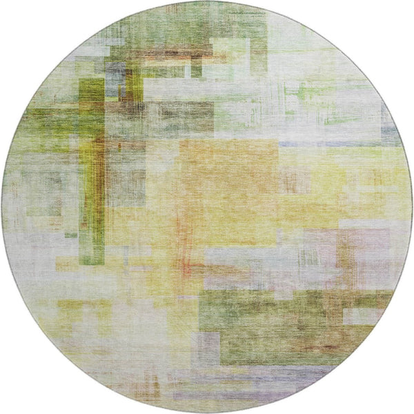 HomeRoots 8' Bold Green, Ivory, Gold & Purple Geometric Washable Round Rug with UV Protection for Homes 683497