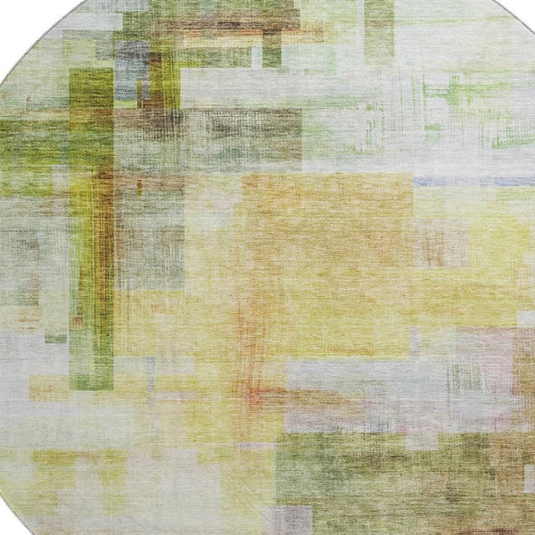 HomeRoots 8' Bold Green, Ivory, Gold & Purple Geometric Washable Round Rug with UV Protection for Homes 683497