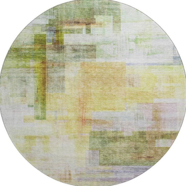 HomeRoots 8' Bold Green, Ivory, Gold & Purple Geometric Washable Round Rug with UV Protection for Homes 683497
