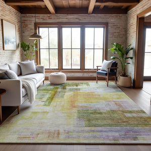 HomeRoots 9' Abstract Geometric Washable Area Rug in Green, Ivory, Gold & Purple - Stain Resistant & UV Protected 683499
