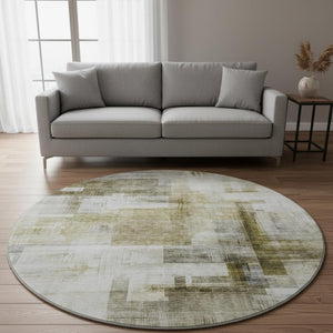 HomeRoots 8' Washable Round Rug in Taupe Beige & Brown - Abstract Geometric Design with UV Protection & Durability 683503