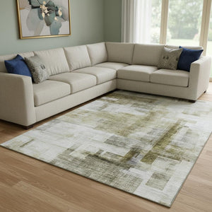 HomeRoots 10' Abstract Geometric Area Rug in Taupe & Beige - Washable, UV Protected, Durable for Family Spaces 683506