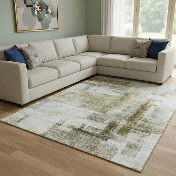 HomeRoots 10' Abstract Geometric Area Rug in Taupe & Beige - Washable, UV Protected, Durable for Family Spaces 683506