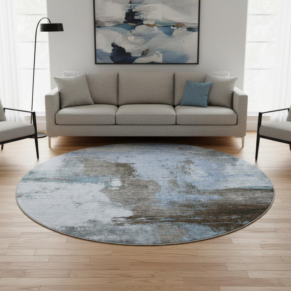 HomeRoots 8' Blue Ivory and Charcoal Abstract Round Rug – Washable, UV Protected, Family-Friendly Style! 683509