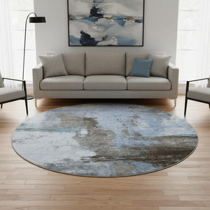 HomeRoots 8' Blue Ivory and Charcoal Abstract Round Rug – Washable, UV Protected, Family-Friendly Style! 683509