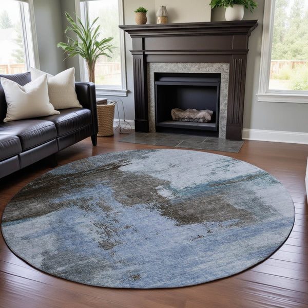 HomeRoots 8' Blue Ivory and Charcoal Abstract Round Rug – Washable, UV Protected, Family-Friendly Style! 683509