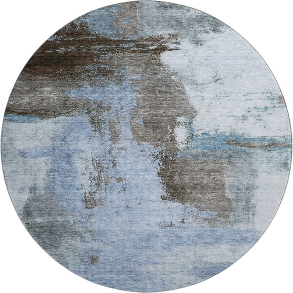 HomeRoots 8' Blue Ivory and Charcoal Abstract Round Rug – Washable, UV Protected, Family-Friendly Style! 683509