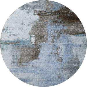 HomeRoots 8' Blue Ivory and Charcoal Abstract Round Rug – Washable, UV Protected, Family-Friendly Style! 683509
