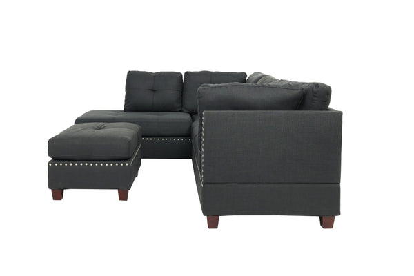 English Elm 3-PC Sectional Blue Gray Fabric Sofa Set with Reversible Chaise, Ottoman & Wood Frame, 104"W x 35"H B089S00113