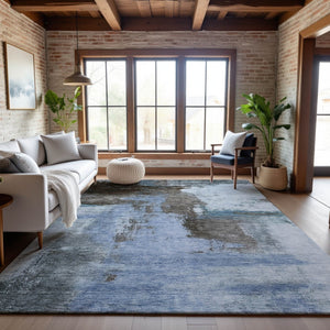 HomeRoots 9' X 12' Abstract Washable Area Rug in Blue, Ivory & Charcoal - Stain-Resistant with UV Protection 683511