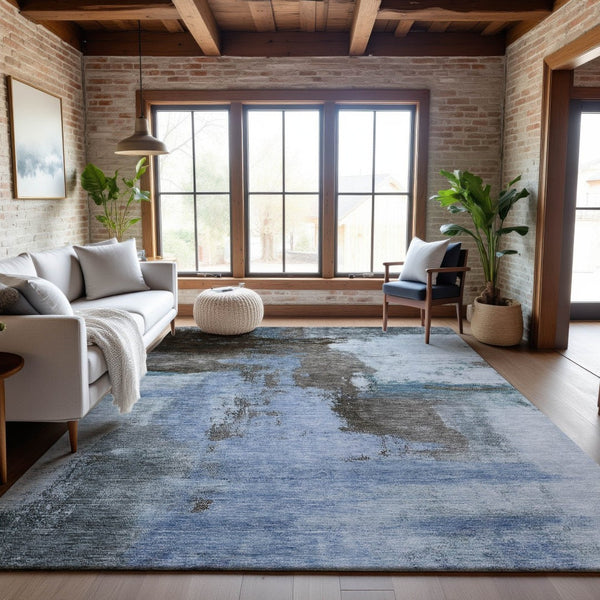 HomeRoots 9' X 12' Abstract Washable Area Rug in Blue, Ivory & Charcoal - Stain-Resistant with UV Protection 683511