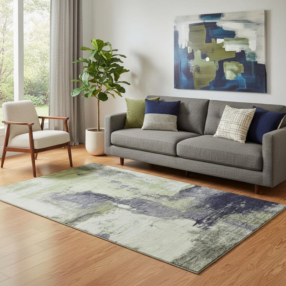 HomeRoots 5' X 8' Washable Abstract Area Rug in Fern Green, Gray & Ivory – UV Protected, Stain Resistant Design 683520