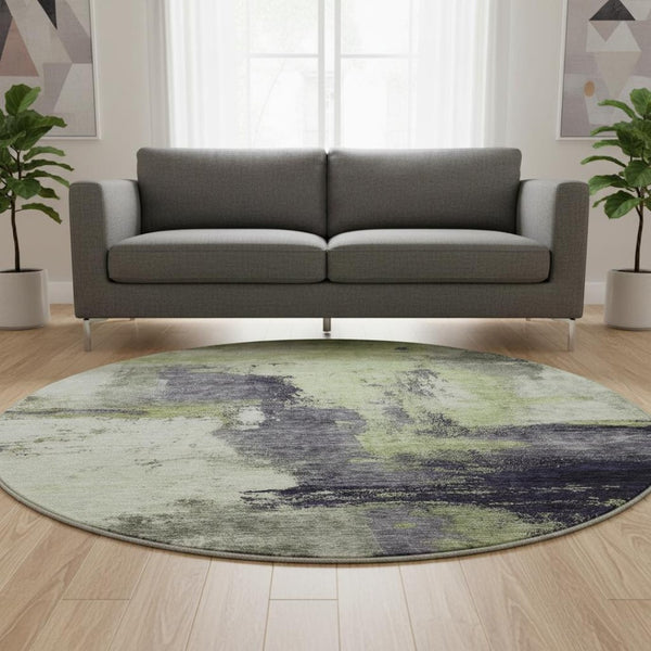 HomeRoots 8' Stylish Fern Green, Gray & Ivory Abstract Washable Round Rug with UV Protection for High Traffic Areas 683521