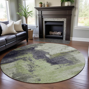 HomeRoots 8' Stylish Fern Green, Gray & Ivory Abstract Washable Round Rug with UV Protection for High Traffic Areas 683521