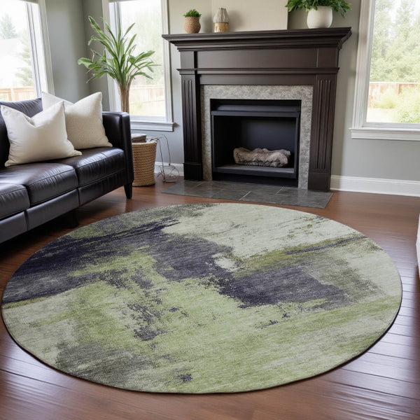 HomeRoots 8' Stylish Fern Green, Gray & Ivory Abstract Washable Round Rug with UV Protection for High Traffic Areas 683521