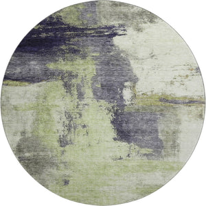 HomeRoots 8' Stylish Fern Green, Gray & Ivory Abstract Washable Round Rug with UV Protection for High Traffic Areas 683521