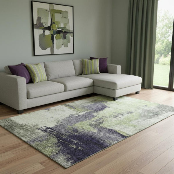 HomeRoots 8' X 10' Fern Green, Gray & Ivory Abstract Area Rug - Washable, UV Protected, Durable for Homes 683522