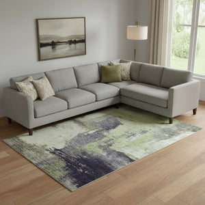 HomeRoots 9' X 12' Abstract Fern Green, Gray & Ivory Washable Area Rug with UV Protection for High-Traffic Spaces 683523