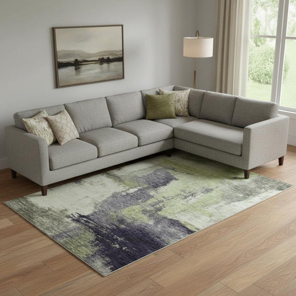 HomeRoots 9' X 12' Abstract Fern Green, Gray & Ivory Washable Area Rug with UV Protection for High-Traffic Spaces 683523
