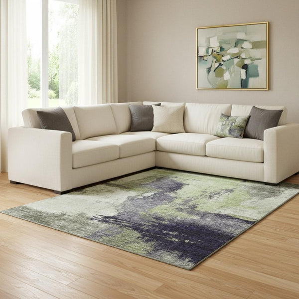 HomeRoots 10' X 14' Abstract Washable Area Rug in Fern Green, Gray & Ivory – Stylish, Durable & UV Protected! 683524