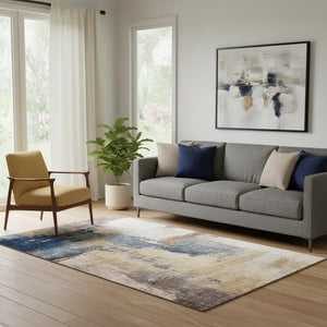 HomeRoots 5' X 8' Abstract Washable Area Rug in Gold, Ivory & Blue - Durable, Stain Resistant, UV Protected! 683526