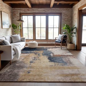 HomeRoots 5' X 8' Abstract Washable Area Rug in Gold, Ivory & Blue - Durable, Stain Resistant, UV Protected! 683526