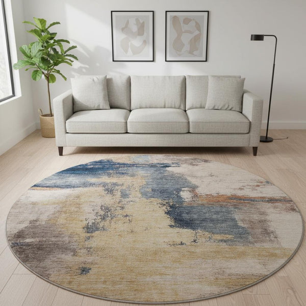 HomeRoots 8' Gold Ivory and Blue Abstract Round Rug - Washable, UV Protected, Stylish for Pets & Kids! 683527