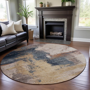 HomeRoots 8' Gold Ivory and Blue Abstract Round Rug - Washable, UV Protected, Stylish for Pets & Kids! 683527