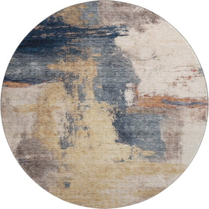 HomeRoots 8' Gold Ivory and Blue Abstract Round Rug - Washable, UV Protected, Stylish for Pets & Kids! 683527