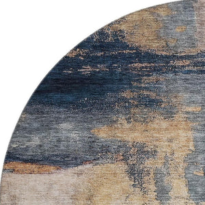 HomeRoots 8' Gold Ivory and Blue Abstract Round Rug - Washable, UV Protected, Stylish for Pets & Kids! 683527