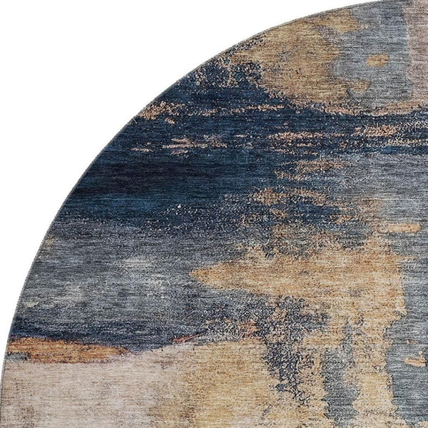 HomeRoots 8' Gold Ivory and Blue Abstract Round Rug - Washable, UV Protected, Stylish for Pets & Kids! 683527