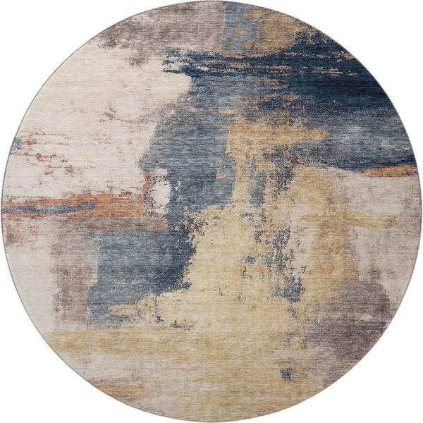 HomeRoots 8' Gold Ivory and Blue Abstract Round Rug - Washable, UV Protected, Stylish for Pets & Kids! 683527