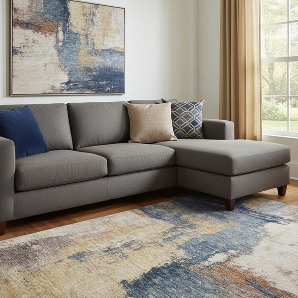 HomeRoots 8' X 10' Washable Gold Ivory Blue Abstract Area Rug with UV Protection for High-Traffic Homes 683528