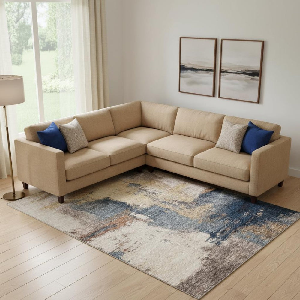 HomeRoots 9' X 12' Gold Ivory & Blue Abstract Washable Area Rug - UV Protected, Stylish & Easy Care for Homes 683529
