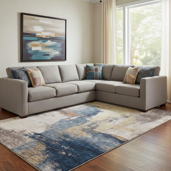 HomeRoots 10' X 14' Gold Ivory & Blue Abstract Area Rug - Washable, UV-Protected, Stain-Resistant Design! 683530