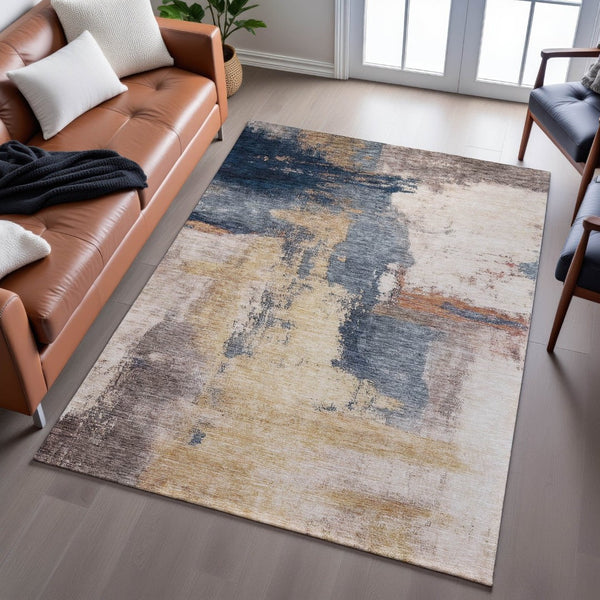 HomeRoots 10' X 14' Gold Ivory & Blue Abstract Area Rug - Washable, UV-Protected, Stain-Resistant Design! 683530