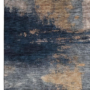 HomeRoots 10' X 14' Gold Ivory & Blue Abstract Area Rug - Washable, UV-Protected, Stain-Resistant Design! 683530