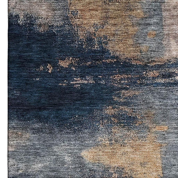 HomeRoots 10' X 14' Gold Ivory & Blue Abstract Area Rug - Washable, UV-Protected, Stain-Resistant Design! 683530