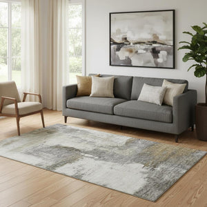 HomeRoots 5' X 8' Abstract Gray Silver Beige Area Rug - Washable, UV Protected, Durable for Modern Spaces 683532