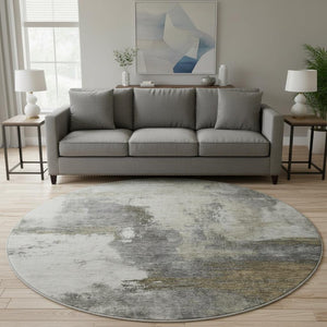 HomeRoots 8' Gray Silver Beige Abstract Washable Round Rug – Durable, UV Protected, Pet-Friendly Design! 683533