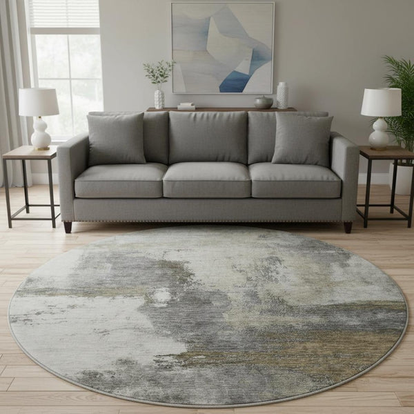 HomeRoots 8' Gray Silver Beige Abstract Washable Round Rug – Durable, UV Protected, Pet-Friendly Design! 683533