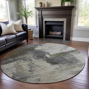 HomeRoots 8' Gray Silver Beige Abstract Washable Round Rug – Durable, UV Protected, Pet-Friendly Design! 683533