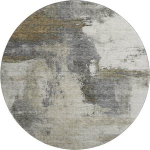 HomeRoots 8' Gray Silver Beige Abstract Washable Round Rug – Durable, UV Protected, Pet-Friendly Design! 683533