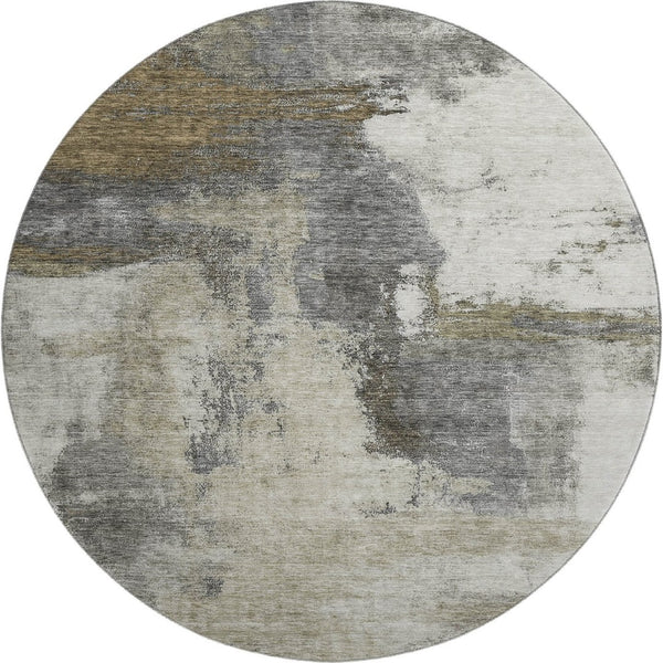 HomeRoots 8' Gray Silver Beige Abstract Washable Round Rug – Durable, UV Protected, Pet-Friendly Design! 683533