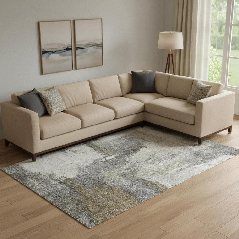 HomeRoots 9' X 12' Abstract Washable Area Rug - Gray, Silver & Beige with UV Protection for Modern Homes 683535